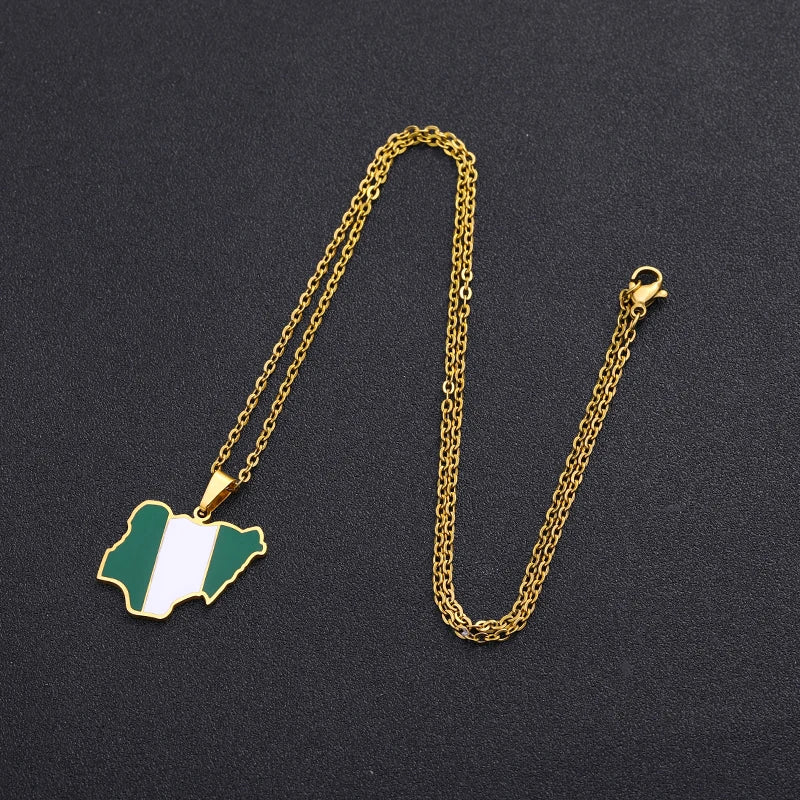 Nigeria Map Flag Pendant Necklace Stainless Steel Gold Silver Gift