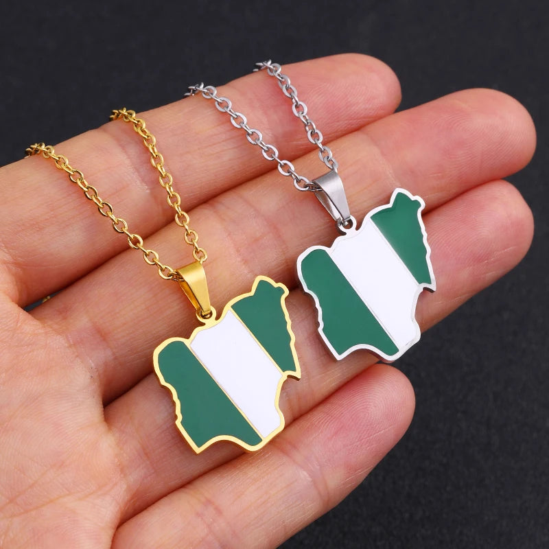 Nigeria Map Flag Pendant Necklace Stainless Steel Gold Silver Gift