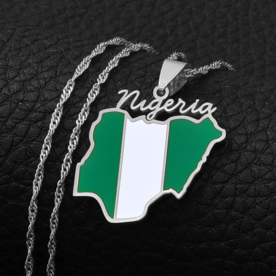Nigeria Map Flag Pendant Necklace Gold Stainless Steel Unisex Chain