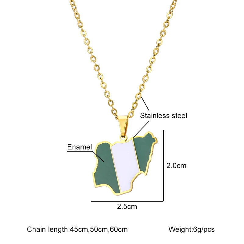 Nigeria Map Flag Pendant Necklace Stainless Steel Gold Silver Gift