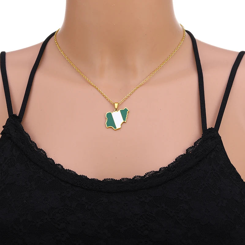 Nigeria Map Flag Pendant Necklace Stainless Steel Gold Silver Gift