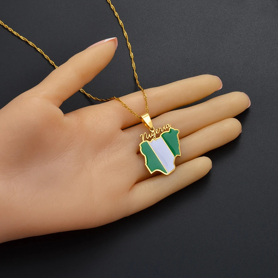 Nigeria Map Flag Pendant Necklace Gold Stainless Steel Unisex Chain