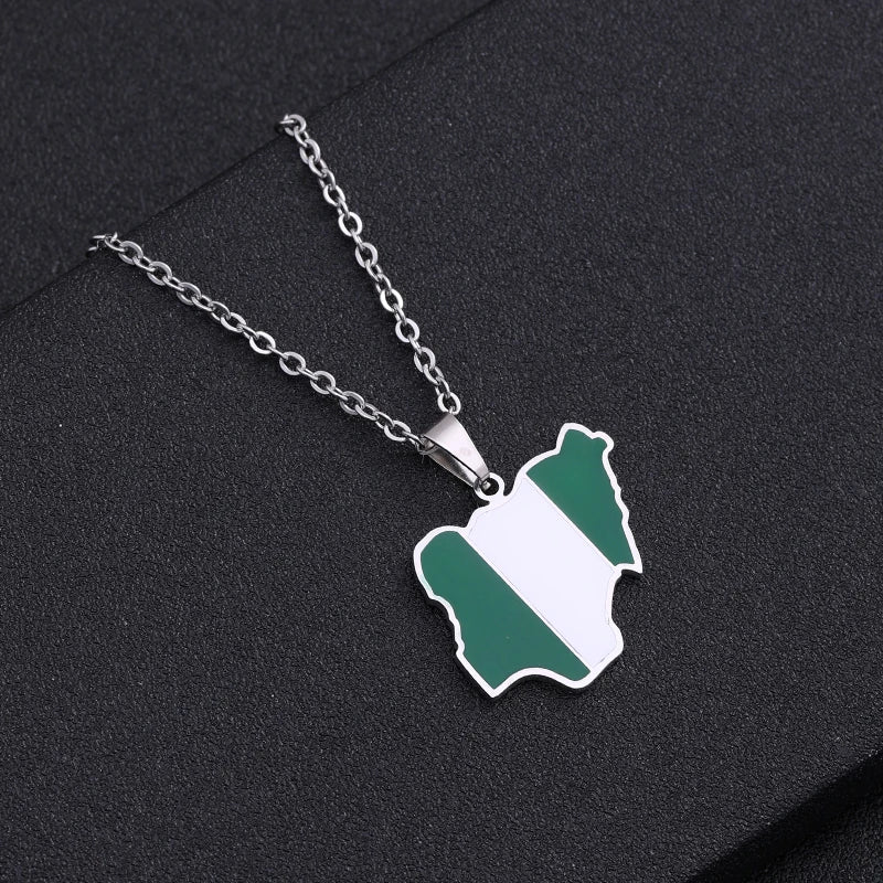 Nigeria Map Flag Pendant Necklace Stainless Steel Gold Silver Gift