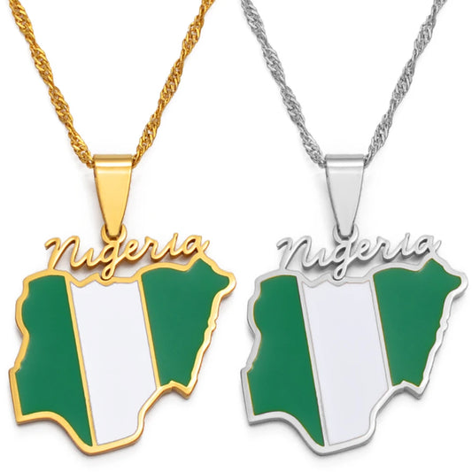 Nigeria Map Flag Pendant Necklace Gold Stainless Steel Unisex Chain