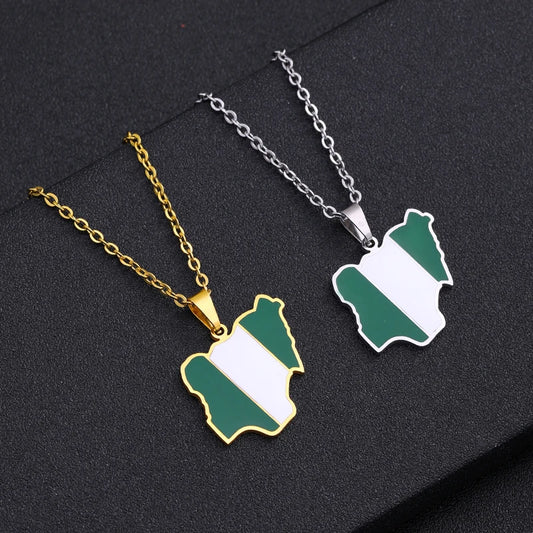 Nigeria Map Flag Pendant Necklace Stainless Steel Gold Silver Gift