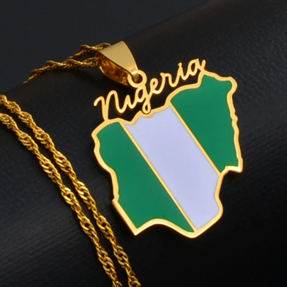 Nigeria Map Flag Pendant Necklace Gold Stainless Steel Unisex Chain