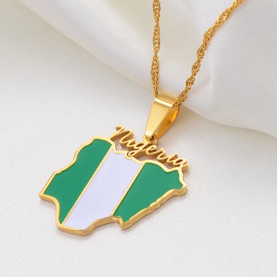 Nigeria Map Flag Pendant Necklace Gold Stainless Steel Unisex Chain