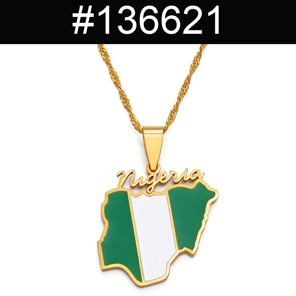Nigeria Map Flag Pendant Necklace Gold Stainless Steel Unisex Chain