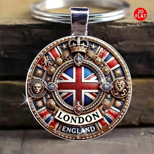 Vintage London Union Jack Keychain Glass Pendant UK Crown Gift