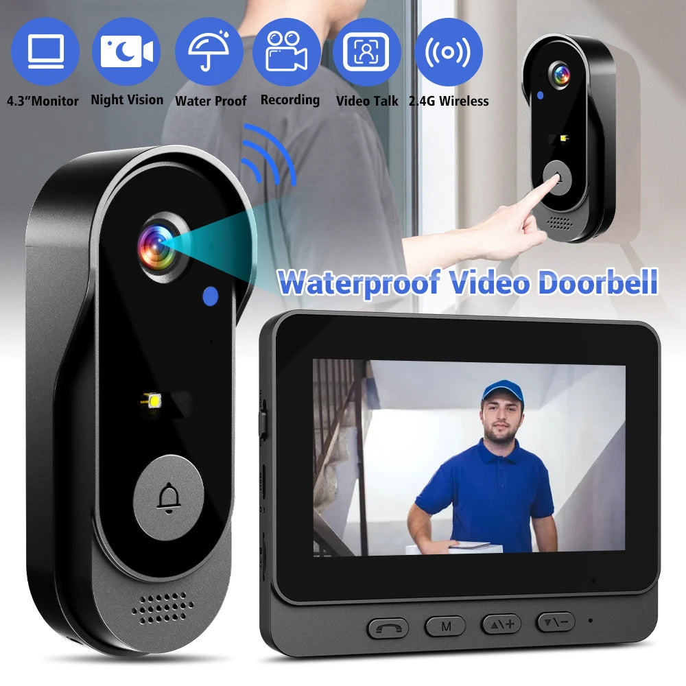 4.3” Wireless Video Doorbell 1080P Smart Intercom Camera Night Vision