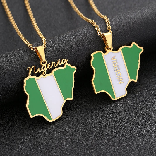 Nigeria Map Flag Pendant Necklace - Stainless Steel Gold & Silver Jewelry for Men & Women
