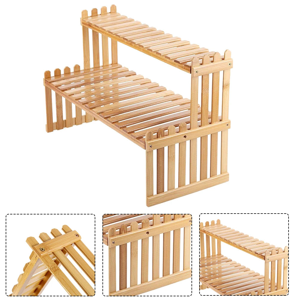 2 Tier Wooden Plant Stand Shelf Desktop Organizer Flower Pot Display Rack