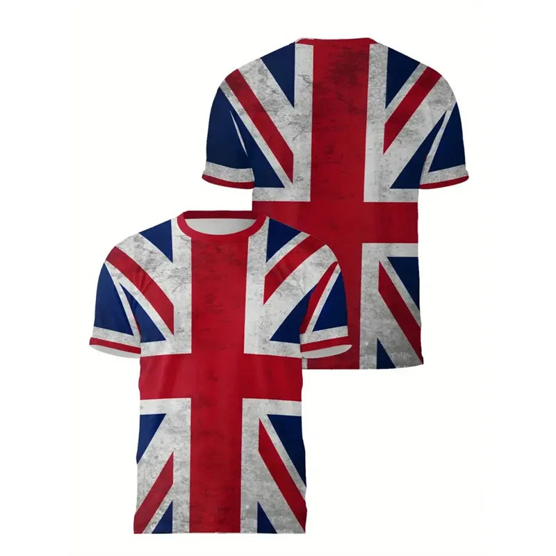 England Graffiti Print T-Shirt - Men’s Short Sleeve Round Neck Summer Top with Lion Stripe Pattern