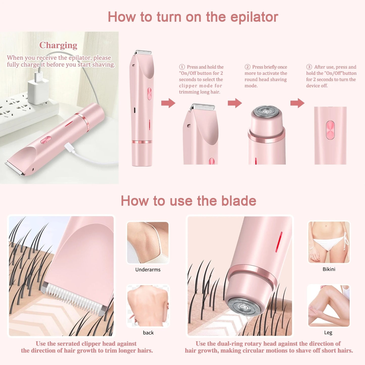 2-in-1 Waterproof Electric Bikini Trimmer Rechargeable Mini Shaver