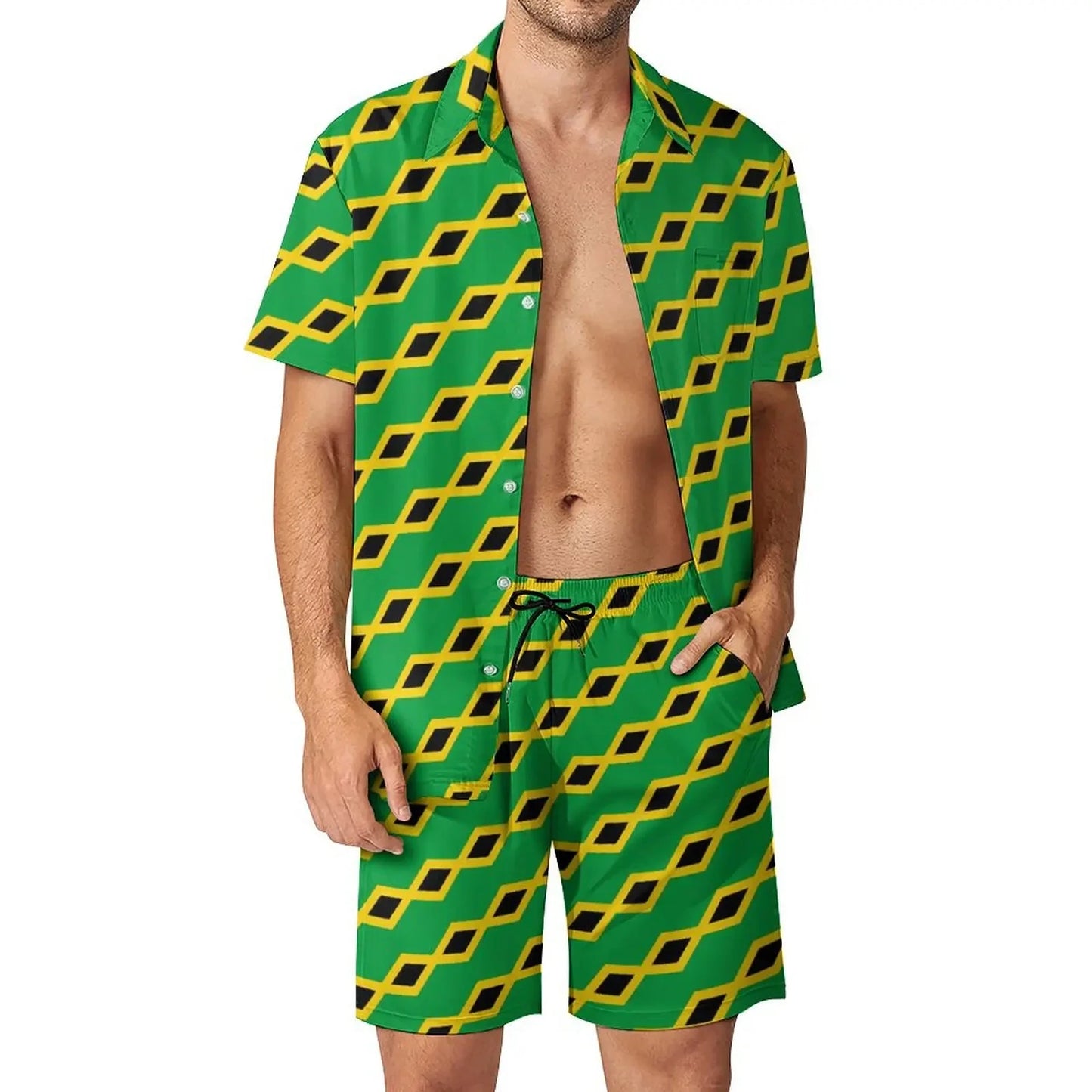 Jamaica Flag Colour Men’s Set - Diagonal Stripe Shorts & Outdoor Shirt
