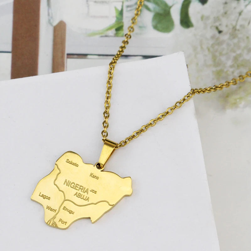 Nigeria Map Pendant Necklace - Africa Country Map Jewelry with City Names, Unisex Gift