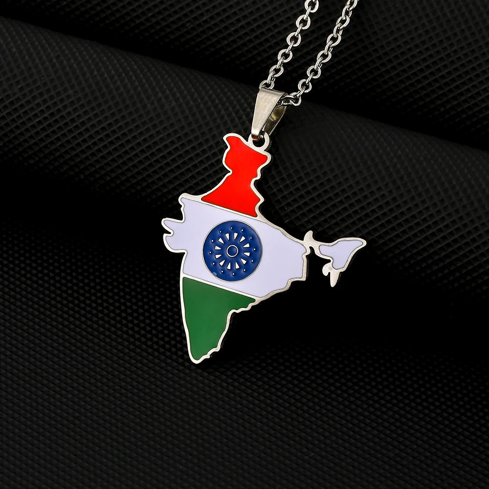 India Map Flag Pendant Necklace - Stainless Steel Jewelry for Men & Women