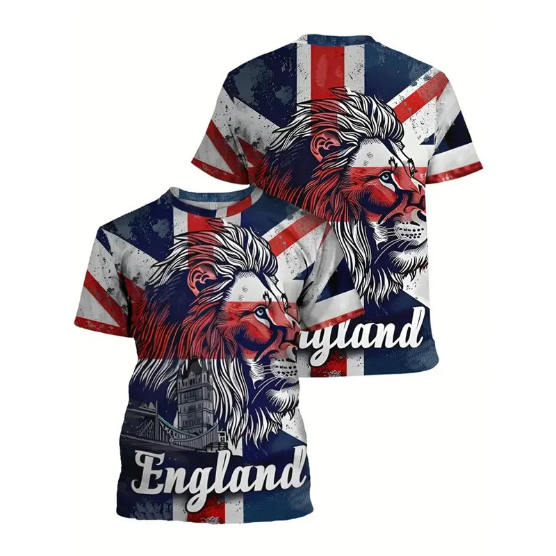 England Graffiti Print T-Shirt - Men’s Short Sleeve Round Neck Summer Top with Lion Stripe Pattern