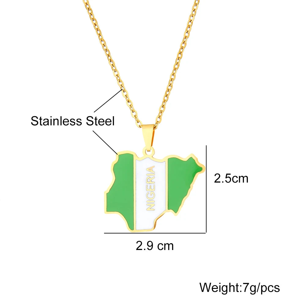 Nigeria Map Flag Pendant Necklace - Stainless Steel Gold & Silver Jewelry for Men & Women