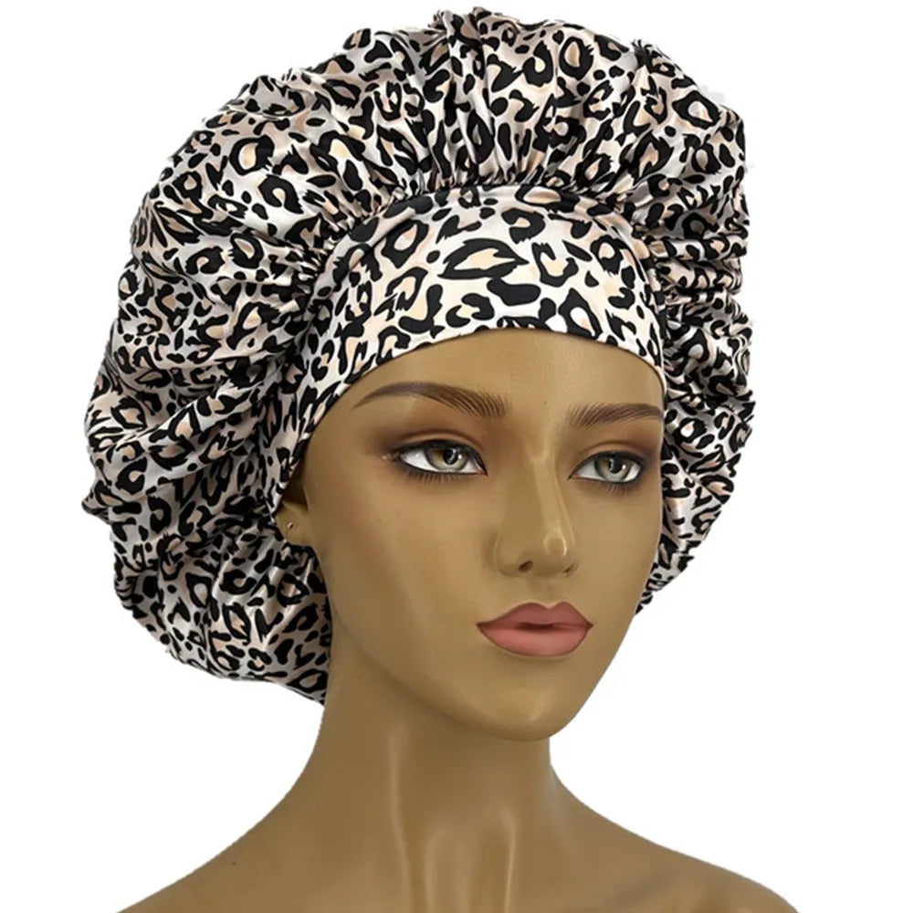 Leopard Print Satin Bonnet for Women – Curl-Enhancing Sleep Cap with Wide Elastic Band