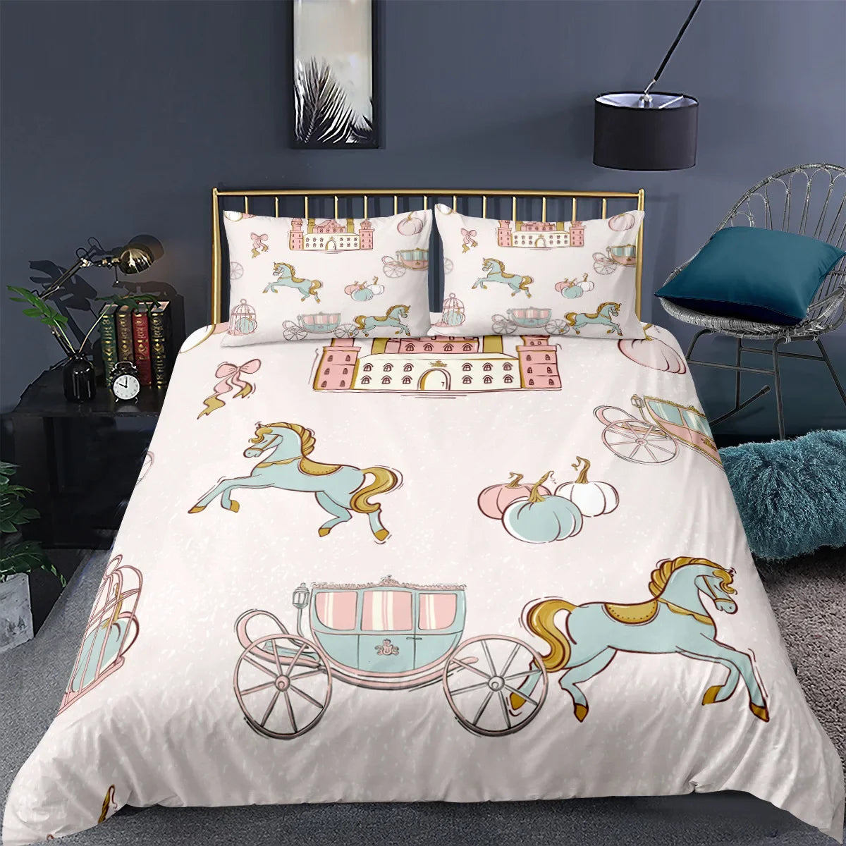 Gold Crown Duvet Cover Set Romantic Couple Bedding 3pcs Custom Print