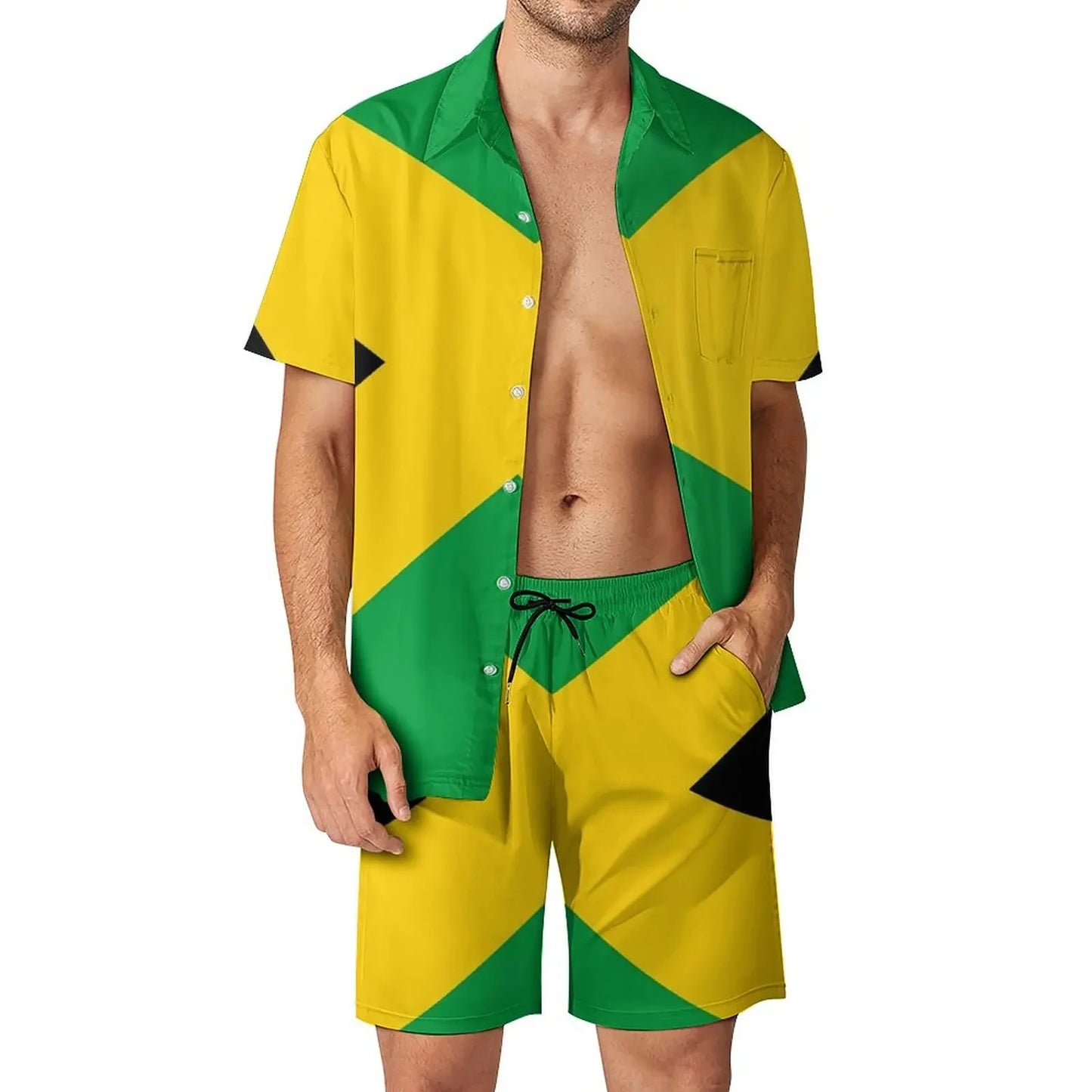 Jamaica Flag Colour Men’s Set - Diagonal Stripe Shorts & Outdoor Shirt
