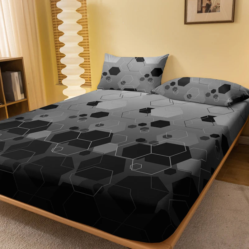 Geometric Printed Fitted Sheet Soft Polyester Bed Cover (No Pillowcases)