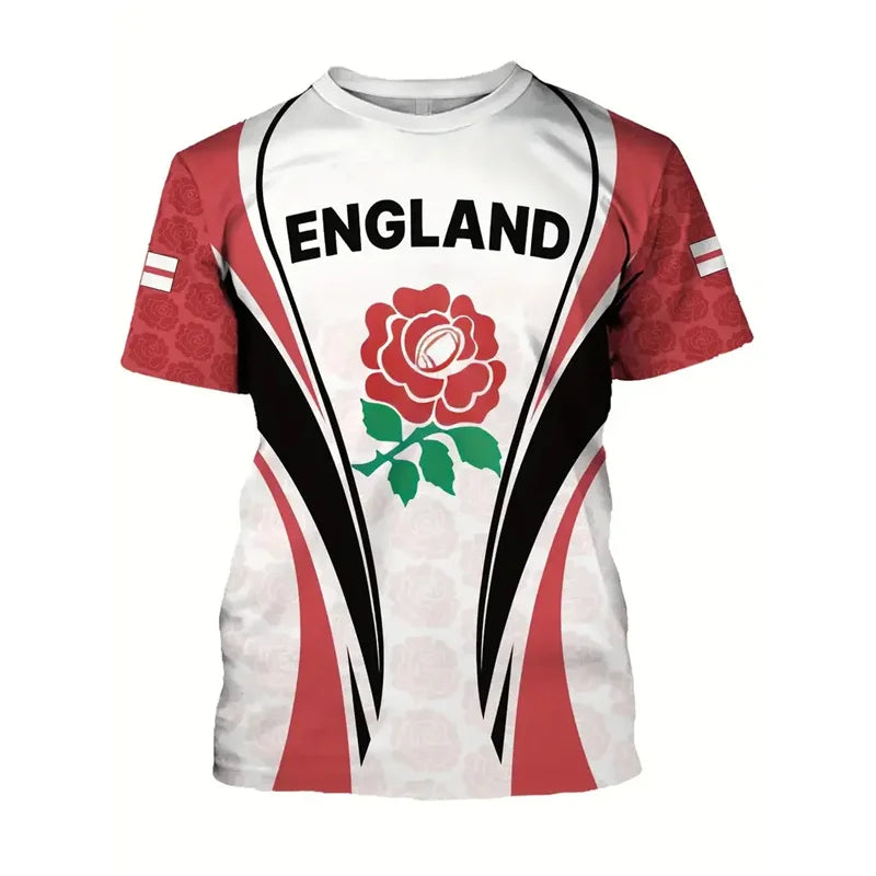 England Graffiti Print T-Shirt - Men’s Short Sleeve Round Neck Summer Top with Lion Stripe Pattern