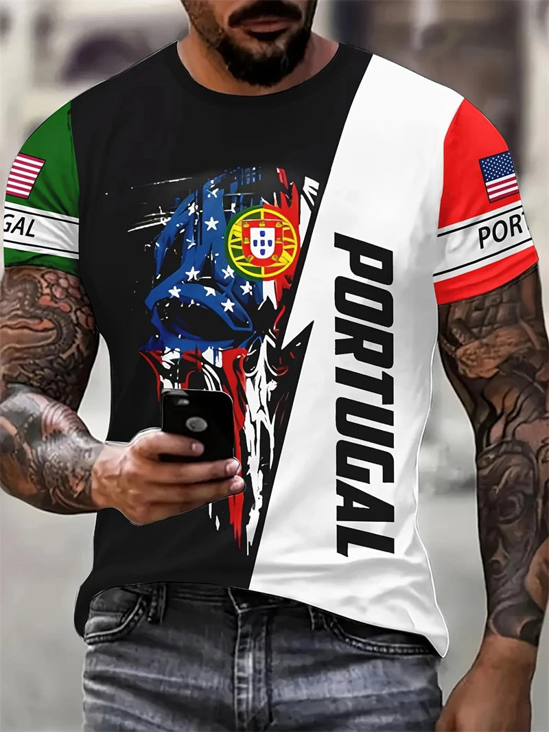 Portugal Emblem T-Shirt – Men’s Striped Casual Streetwear Round Neck Tee