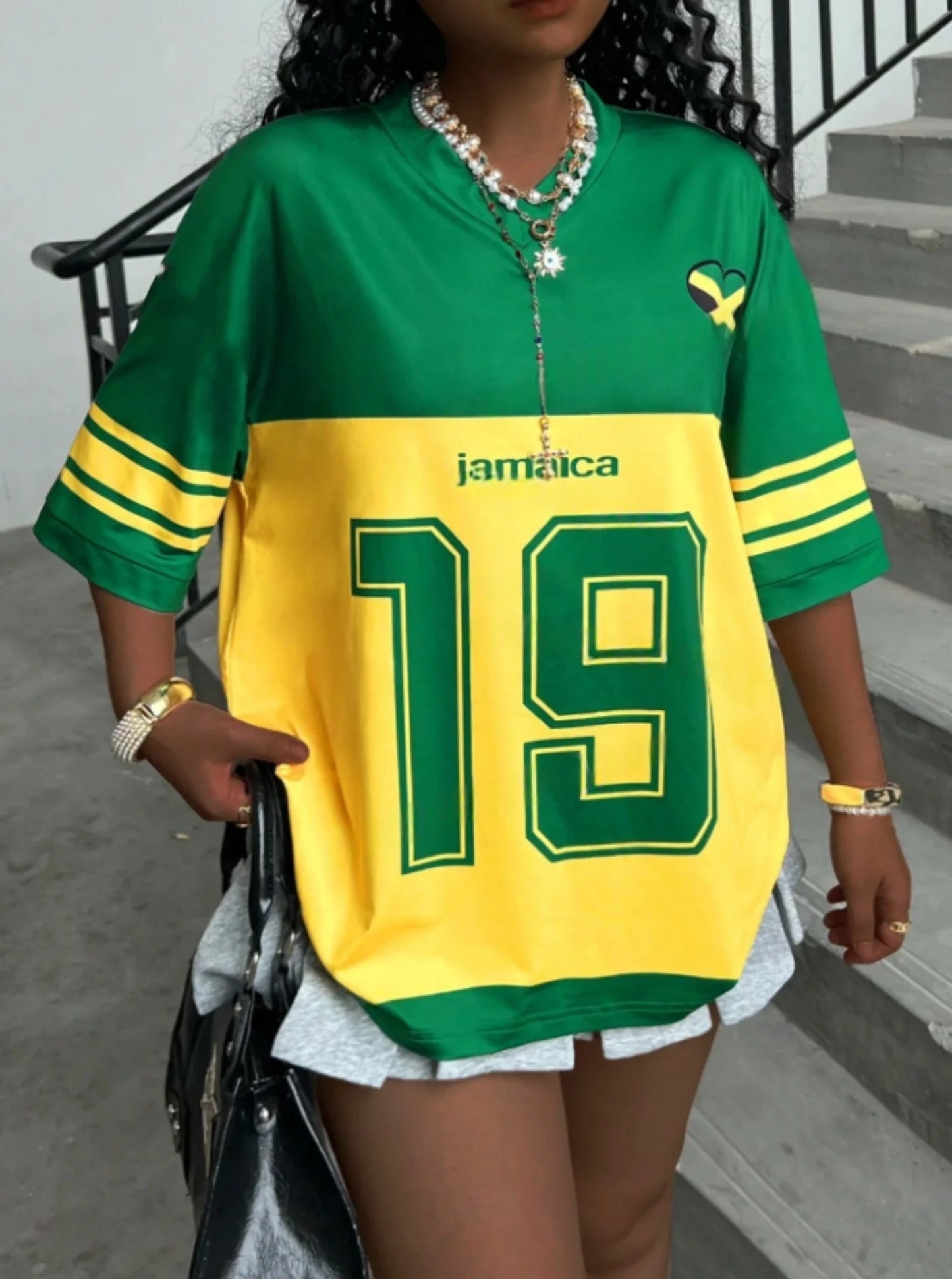 Women’s Jamaican Flag Print No. 19 T-Shirt - Striped V-Neck Oversized Tee