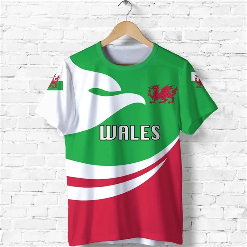 Wales Flag 3D Print Football T-Shirt - Men’s Summer Casual Sports Tee with Map Pattern