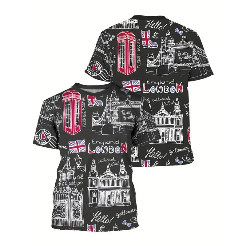 England Graffiti Print T-Shirt - Men’s Short Sleeve Round Neck Summer Top with Lion Stripe Pattern