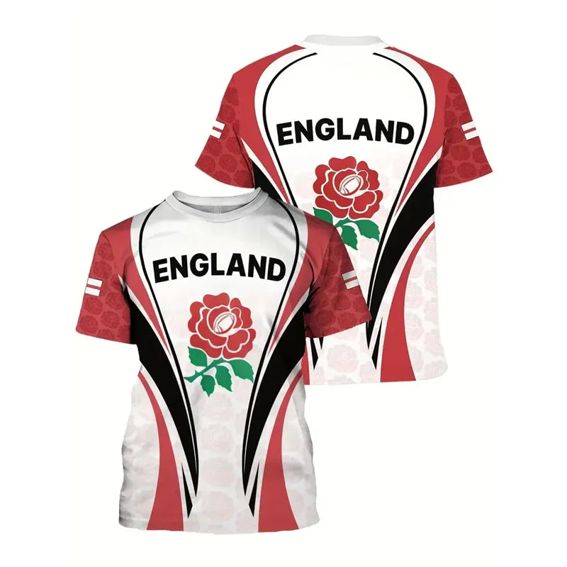England Graffiti Print T-Shirt - Men’s Short Sleeve Round Neck Summer Top with Lion Stripe Pattern