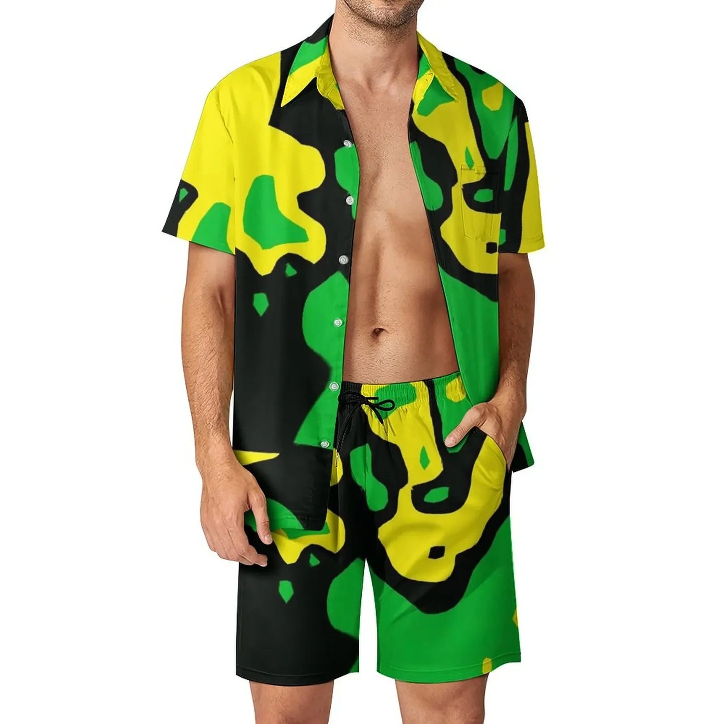 Jamaica Flag Colour Men’s Set - Diagonal Stripe Shorts & Outdoor Shirt
