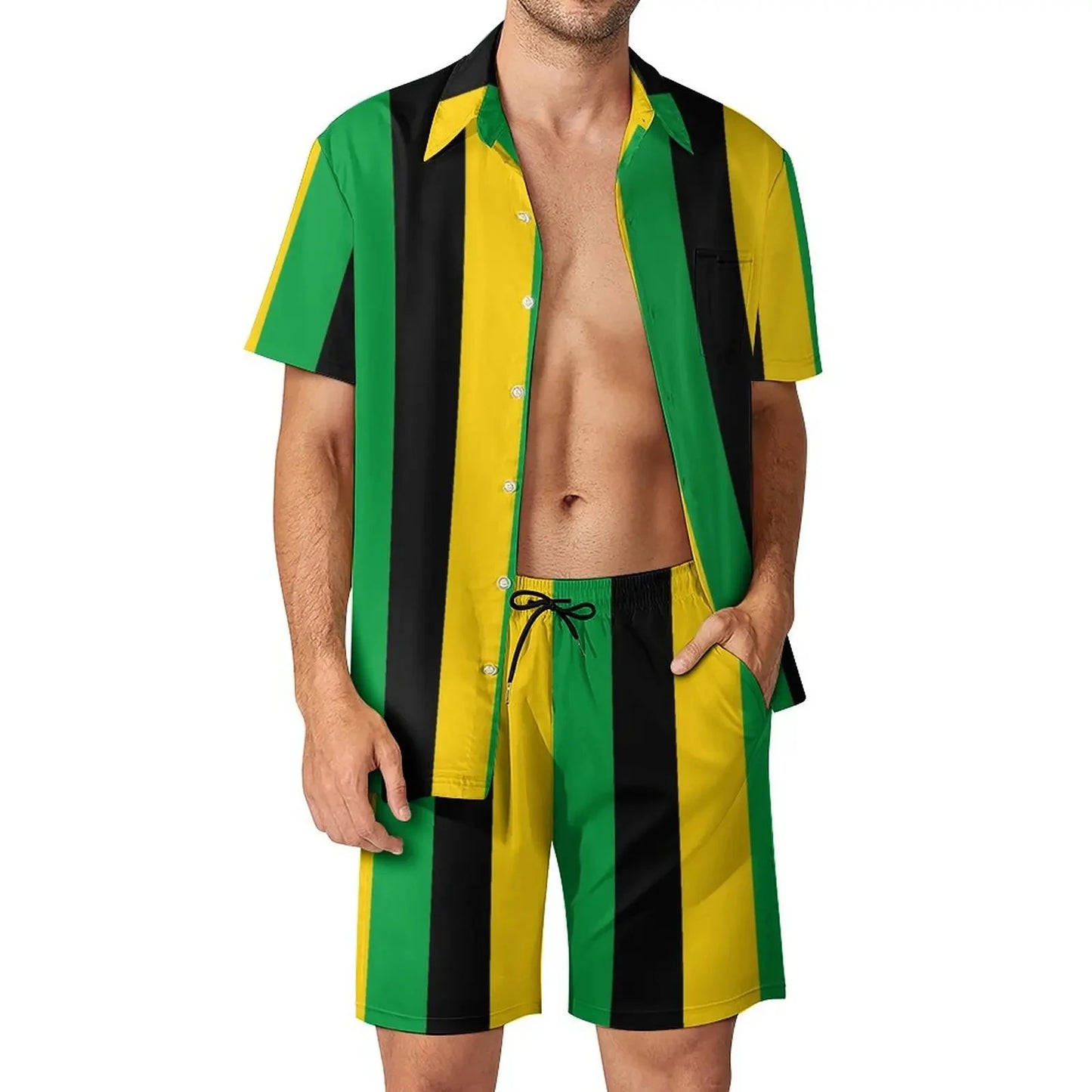 Jamaica Flag Colour Men’s Set - Diagonal Stripe Shorts & Outdoor Shirt