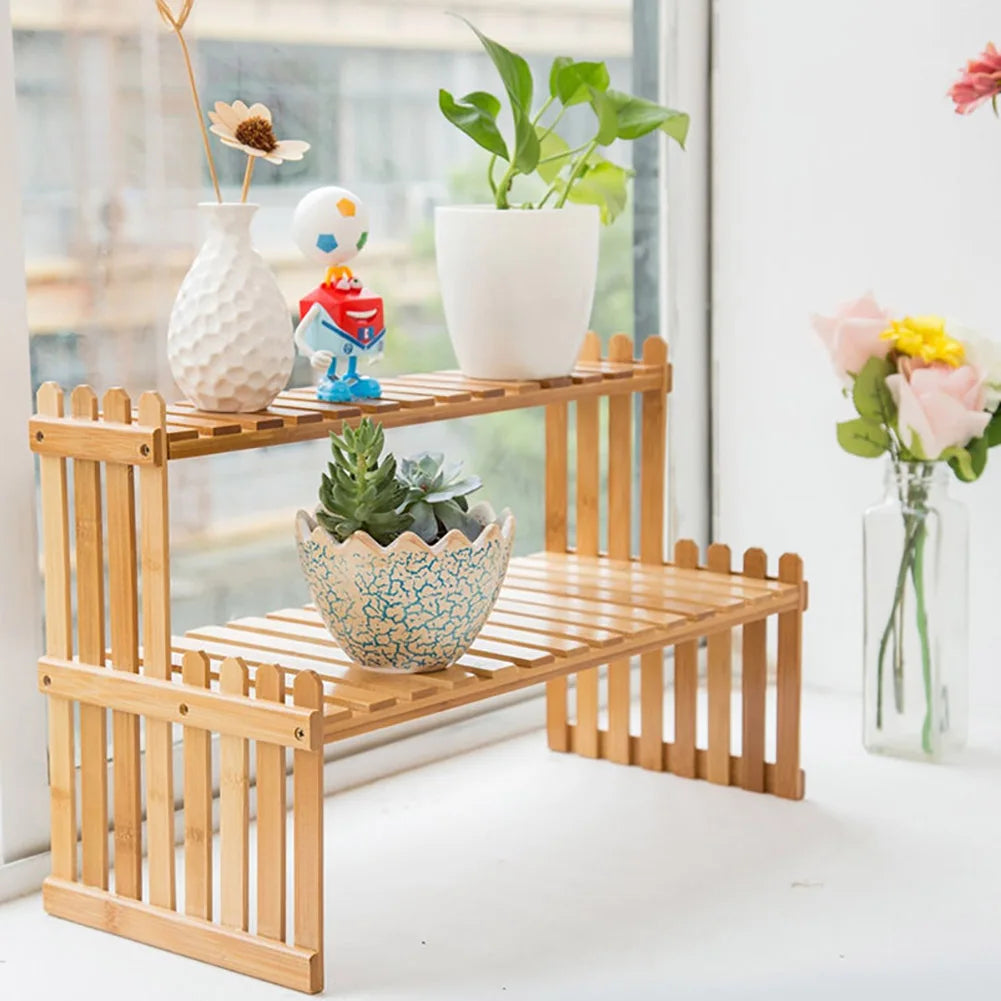 2 Tier Wooden Plant Stand Shelf Desktop Organizer Flower Pot Display Rack