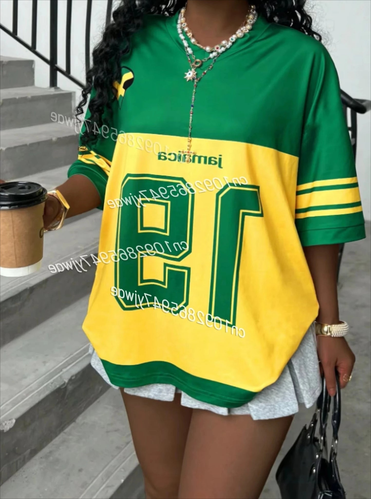 Women’s Jamaican Flag Print No. 19 T-Shirt - Striped V-Neck Oversized Tee