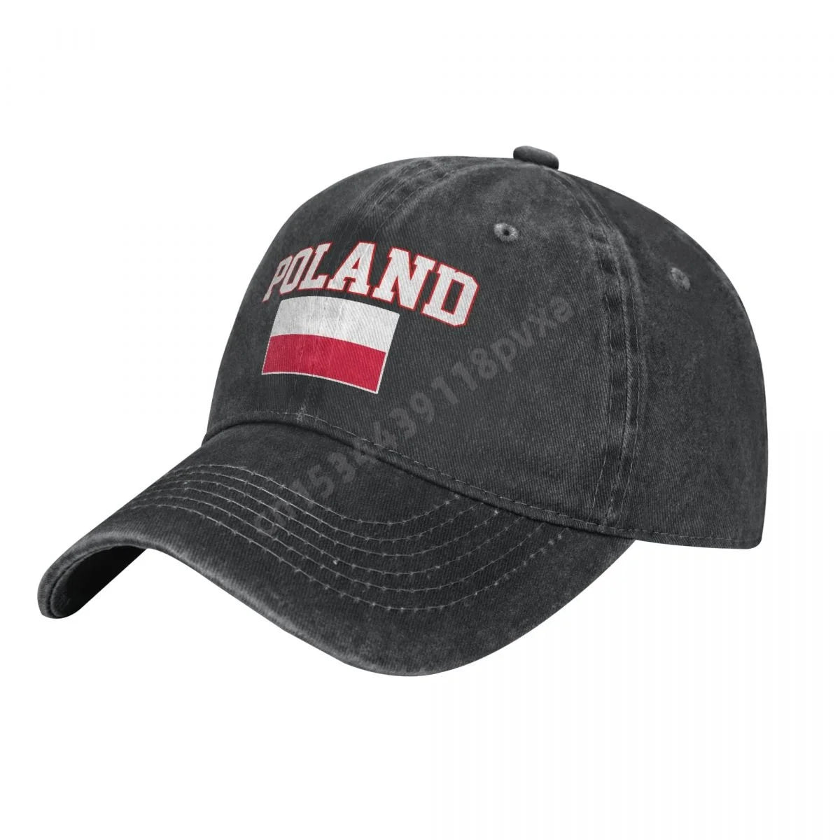 Unisex Poland Flag Denim Baseball Cap - Charcoal Washed Vintage Cotton Hat