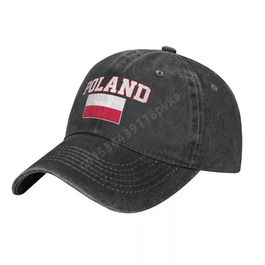 Unisex Poland Flag Denim Baseball Cap - Charcoal Washed Vintage Cotton Hat