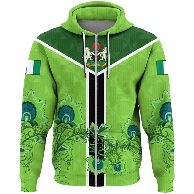 Nigeria Flag Zip Up Hoodie 3D Print Unisex Casual Streetwear Jacket