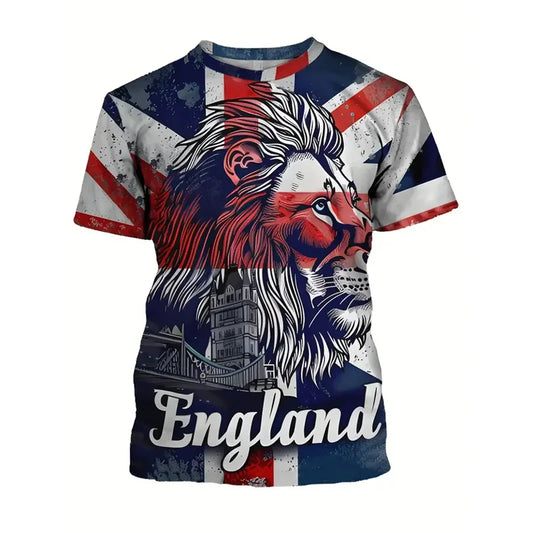 England Graffiti Print T-Shirt - Men’s Short Sleeve Round Neck Summer Top with Lion Stripe Pattern