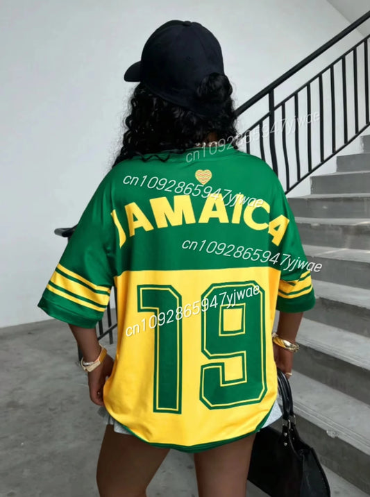 Women’s Jamaican Flag Print No. 19 T-Shirt - Striped V-Neck Oversized Tee