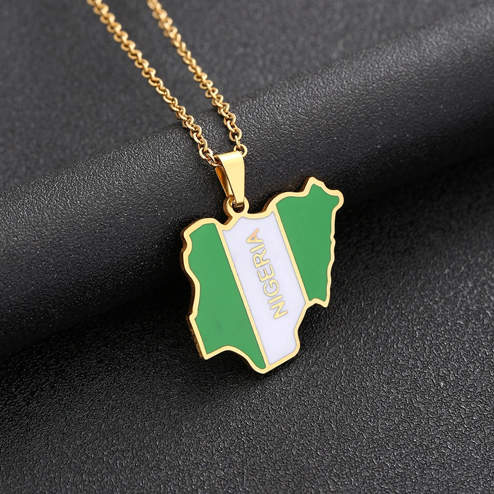 Nigeria Map Flag Pendant Necklace - Stainless Steel Gold & Silver Jewelry for Men & Women