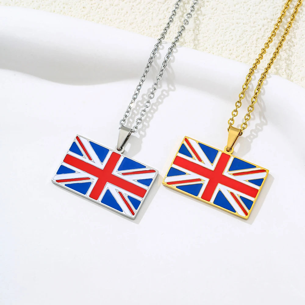 UK Flag Pendant Necklace Stainless Steel Enamel Unisex Couple Gift