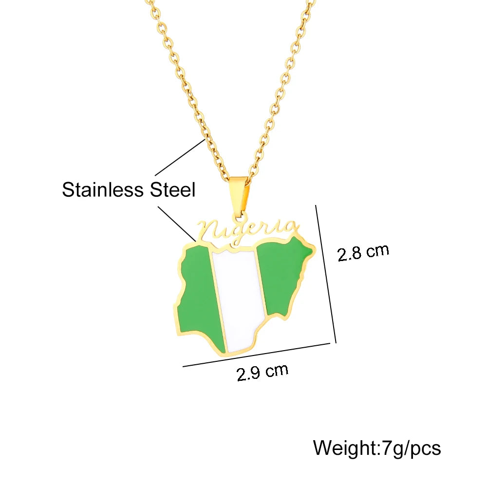 Nigeria Map Flag Pendant Necklace - Stainless Steel Gold & Silver Jewelry for Men & Women