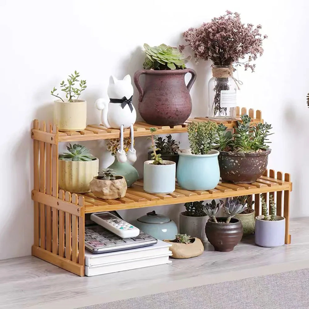 2 Tier Wooden Plant Stand Shelf Desktop Organizer Flower Pot Display Rack