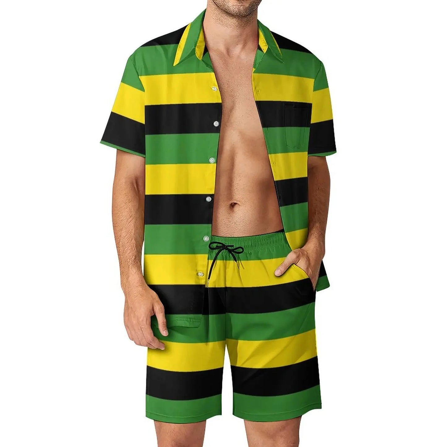 Jamaica Flag Colour Men’s Set - Diagonal Stripe Shorts & Outdoor Shirt