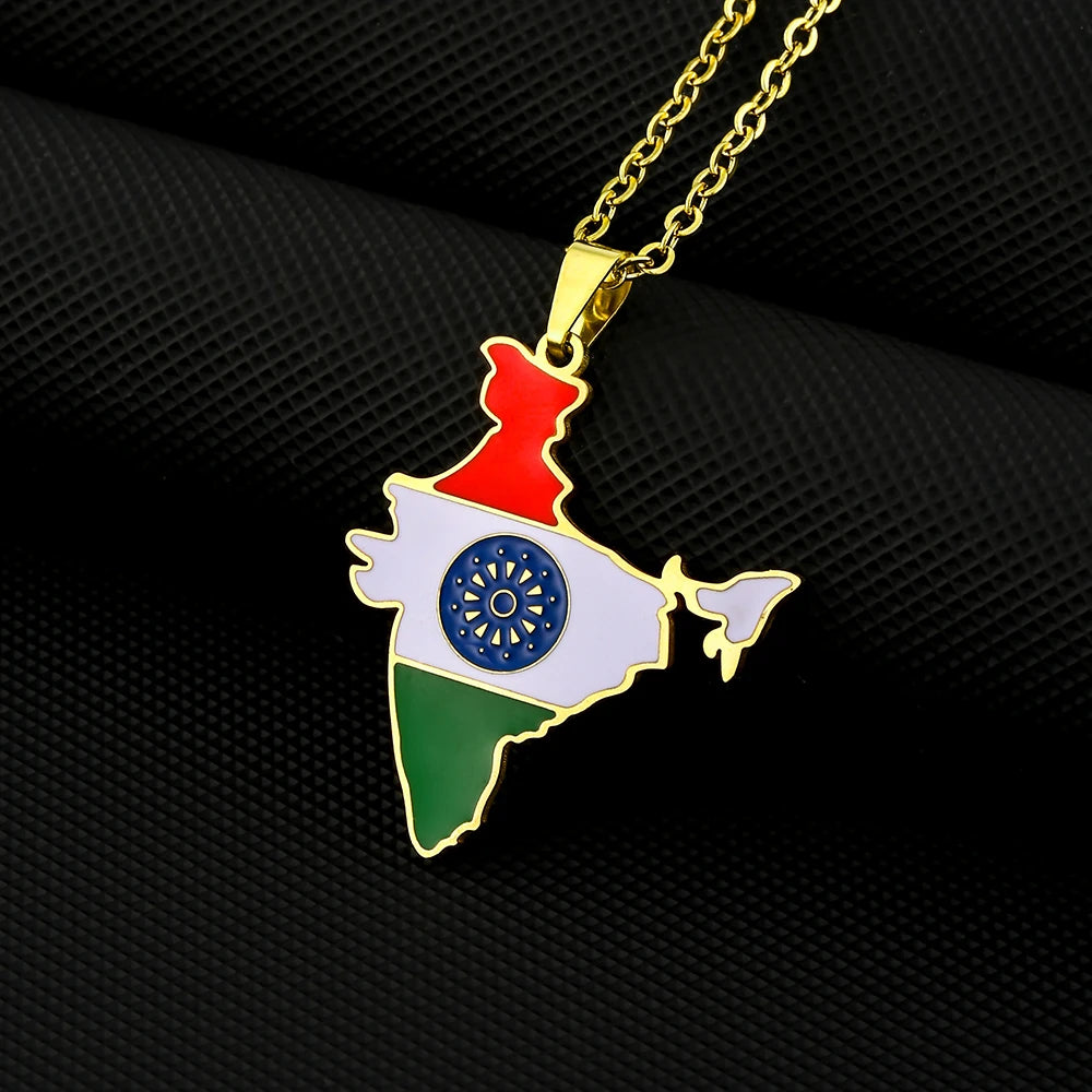 India Map Flag Pendant Necklace - Stainless Steel Jewelry for Men & Women
