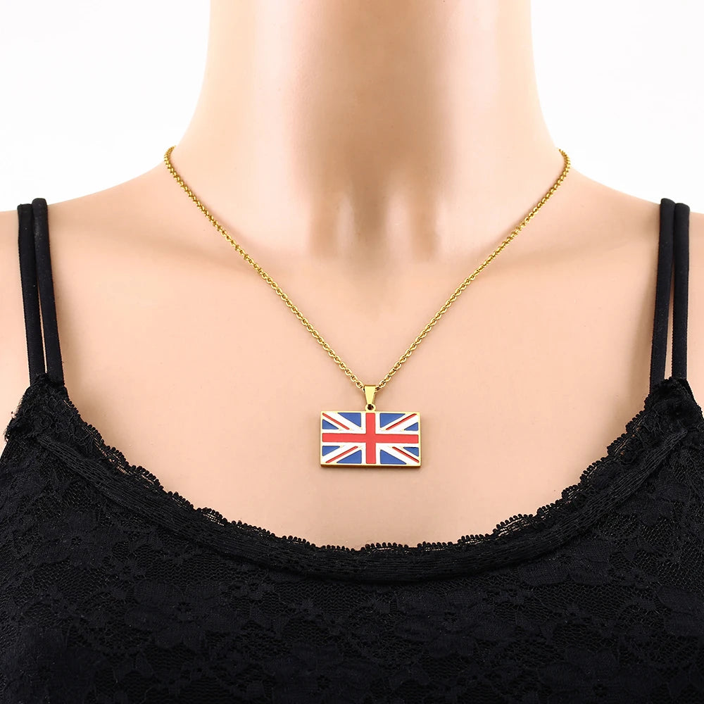UK Flag Pendant Necklace Stainless Steel Enamel Unisex Couple Gift