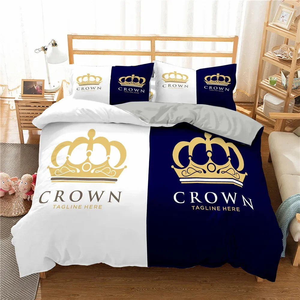 Gold Crown Duvet Cover Set Romantic Couple Bedding 3pcs Custom Print